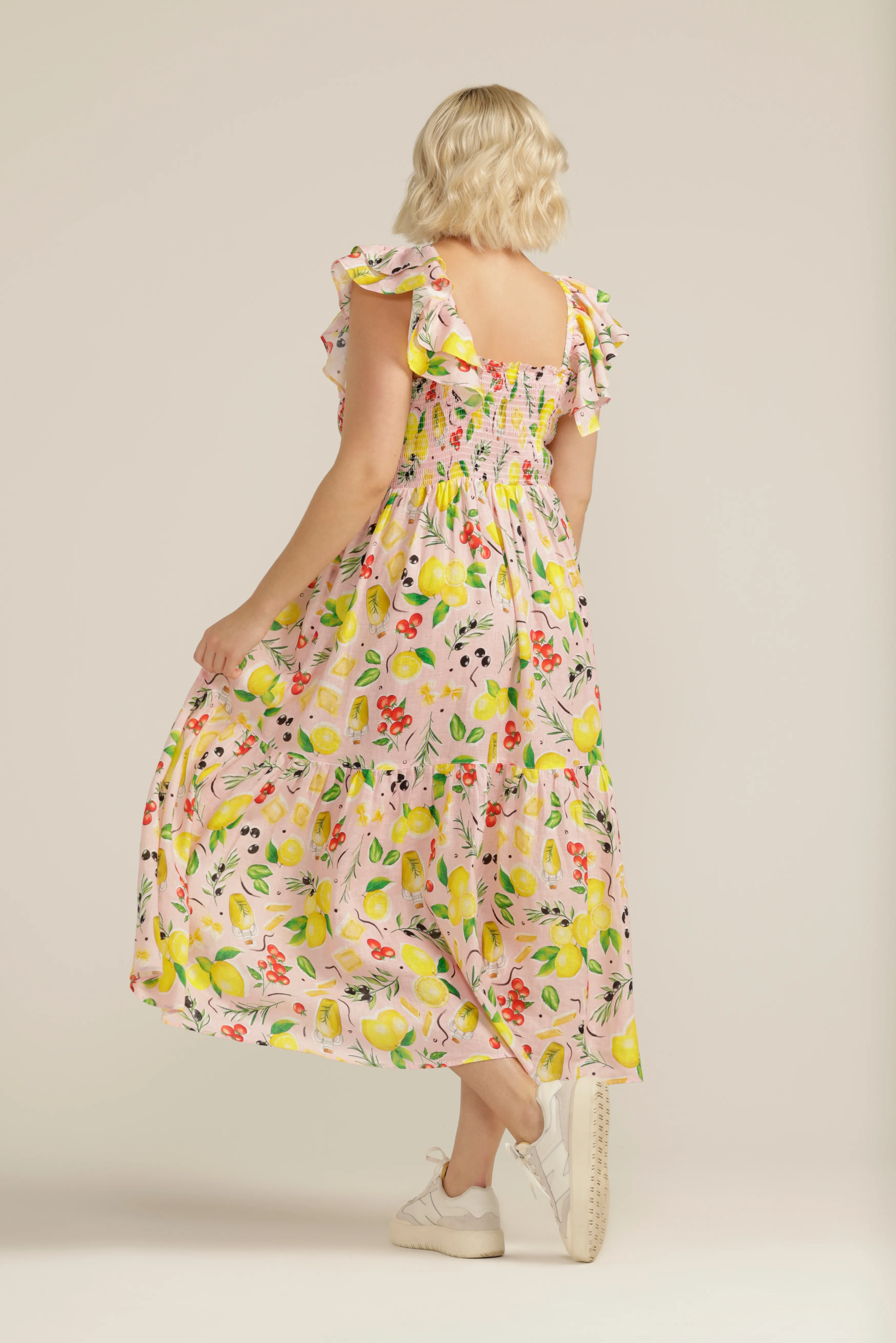 Linen Lemon Print Shirred Dress