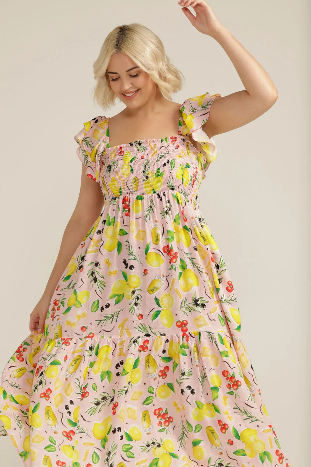 Linen Lemon Print Shirred Dress
