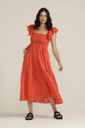 Linen Shirred Bodice Ruffle Dress Chilli