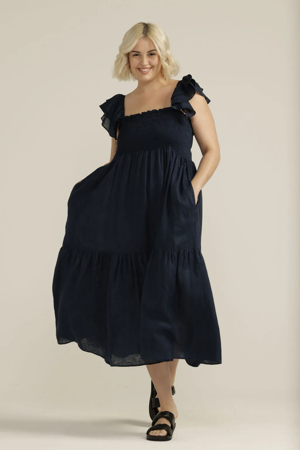 Linen Shirred Bodice Ruffle Dress Navy
