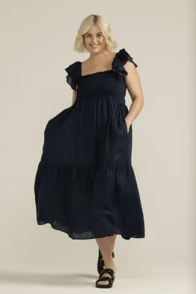 Linen Shirred Bodice Ruffle Dress Navy