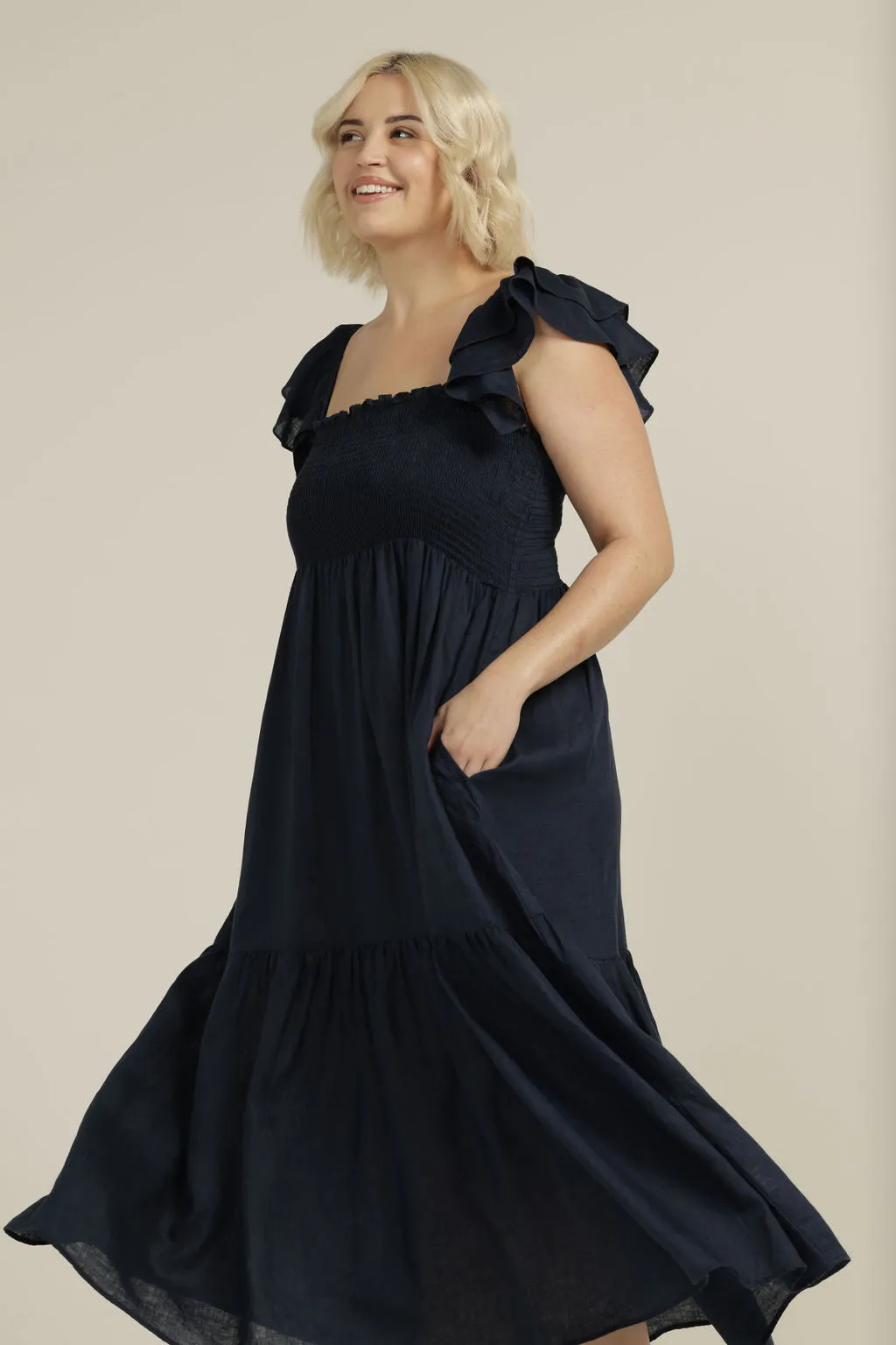 Linen Shirred Bodice Ruffle Dress Navy