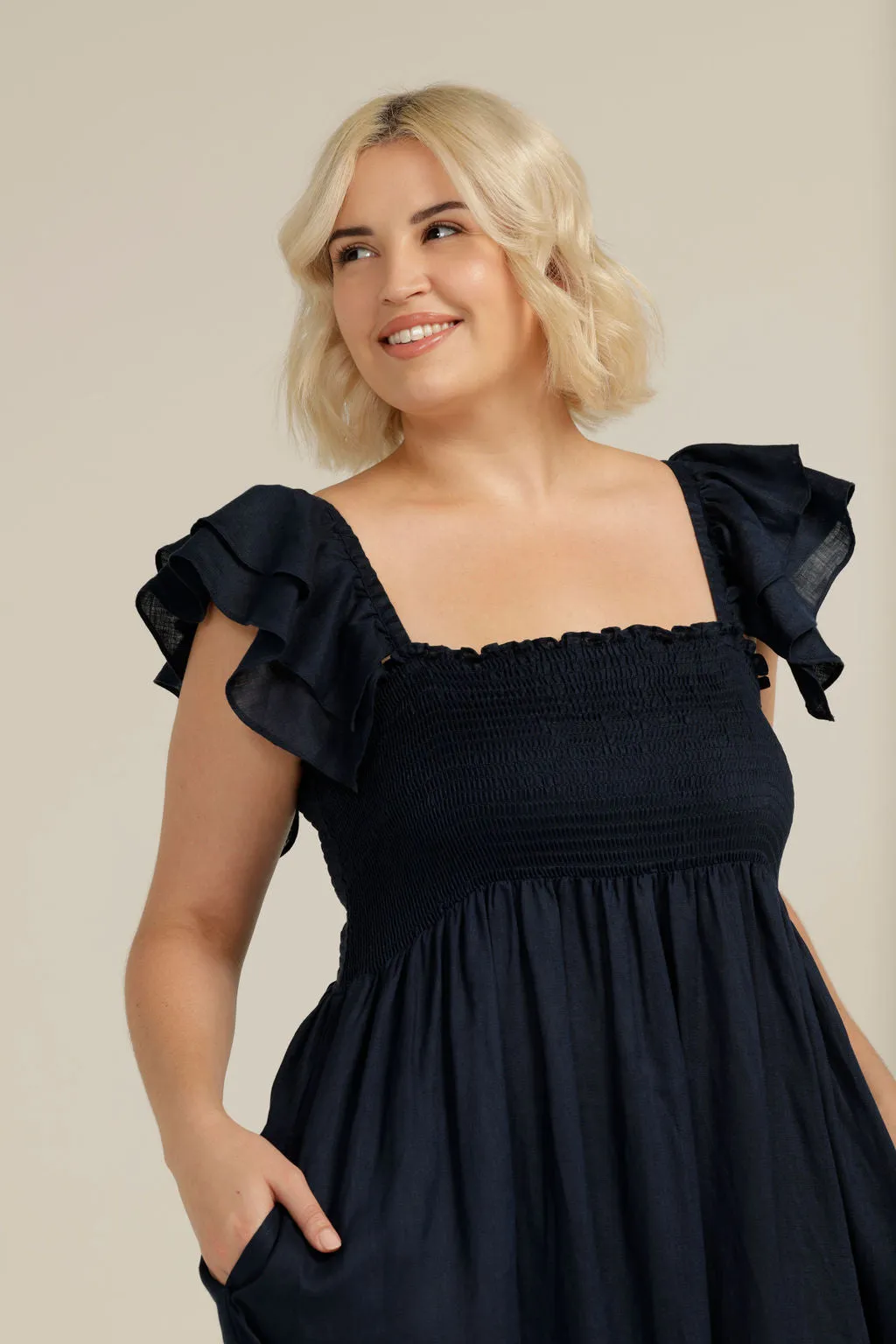 Linen Shirred Bodice Ruffle Dress Navy