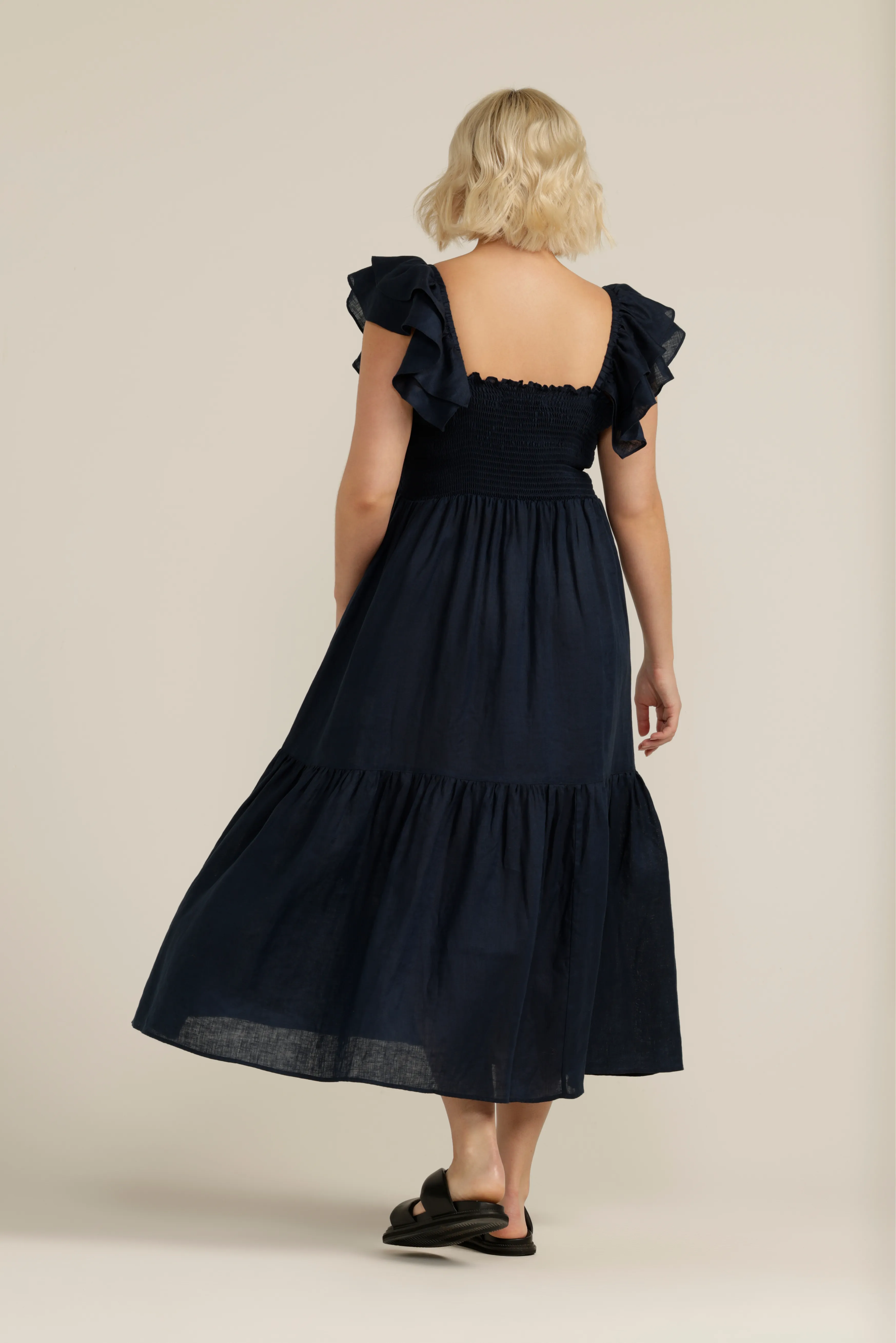 Linen Shirred Bodice Ruffle Dress Navy