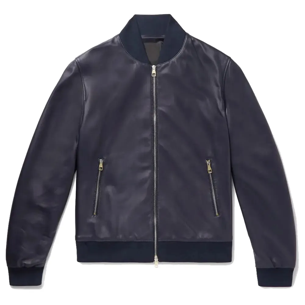 Men's Elegant Bomber Fashion Blue Leather Jacket - Stylish & Modern