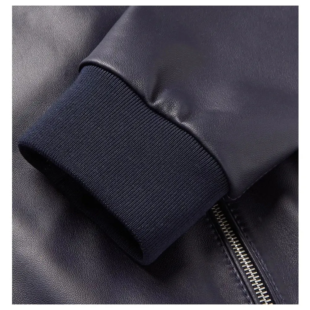 Men's Elegant Bomber Fashion Blue Leather Jacket - Stylish & Modern