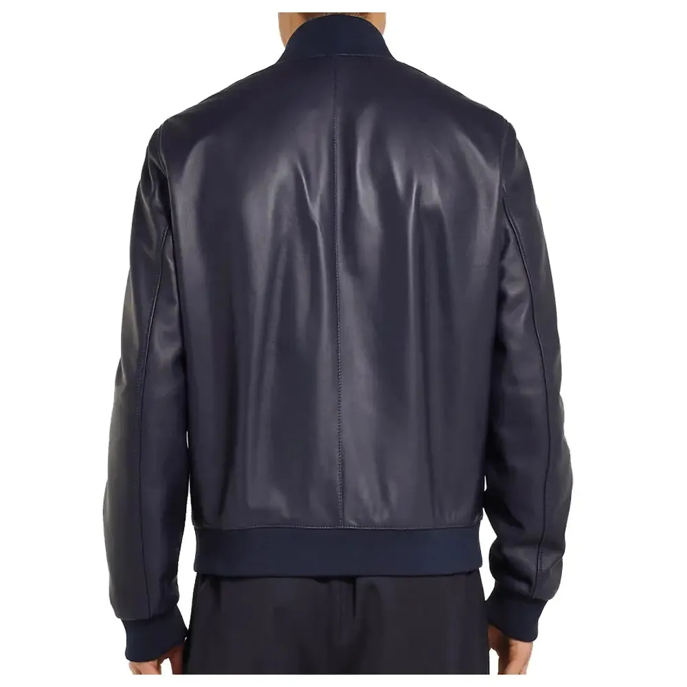 Men's Elegant Bomber Fashion Blue Leather Jacket - Stylish & Modern