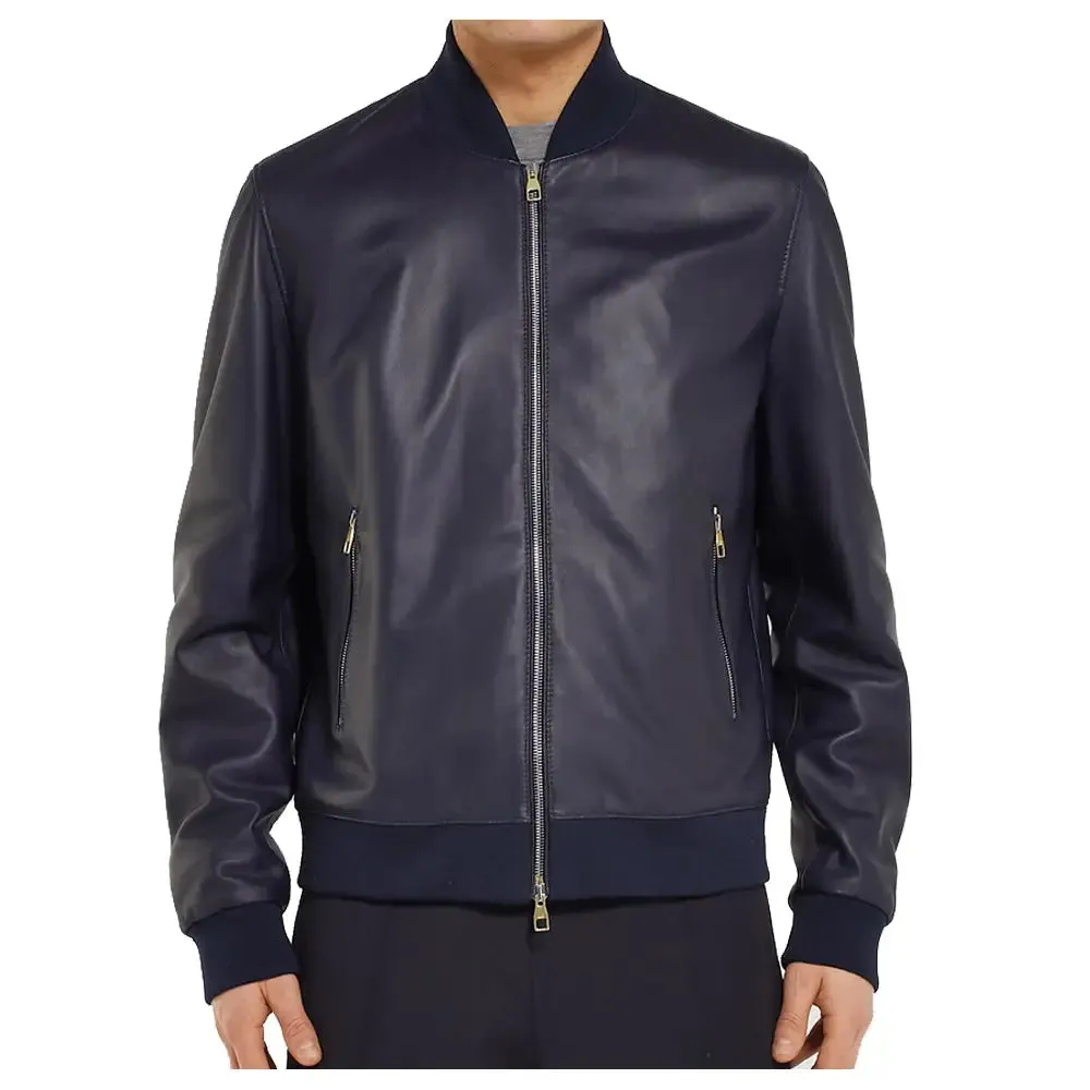 Men's Elegant Bomber Fashion Blue Leather Jacket - Stylish & Modern