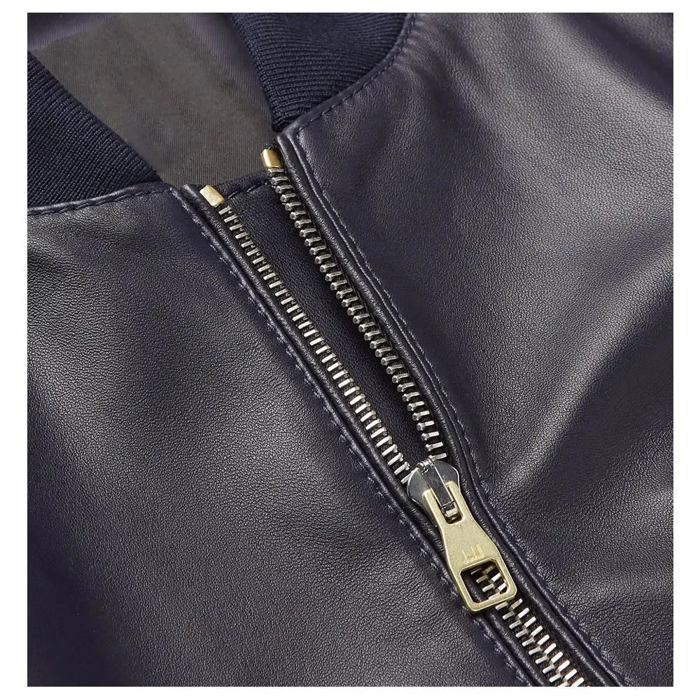 Men's Elegant Bomber Fashion Blue Leather Jacket - Stylish & Modern