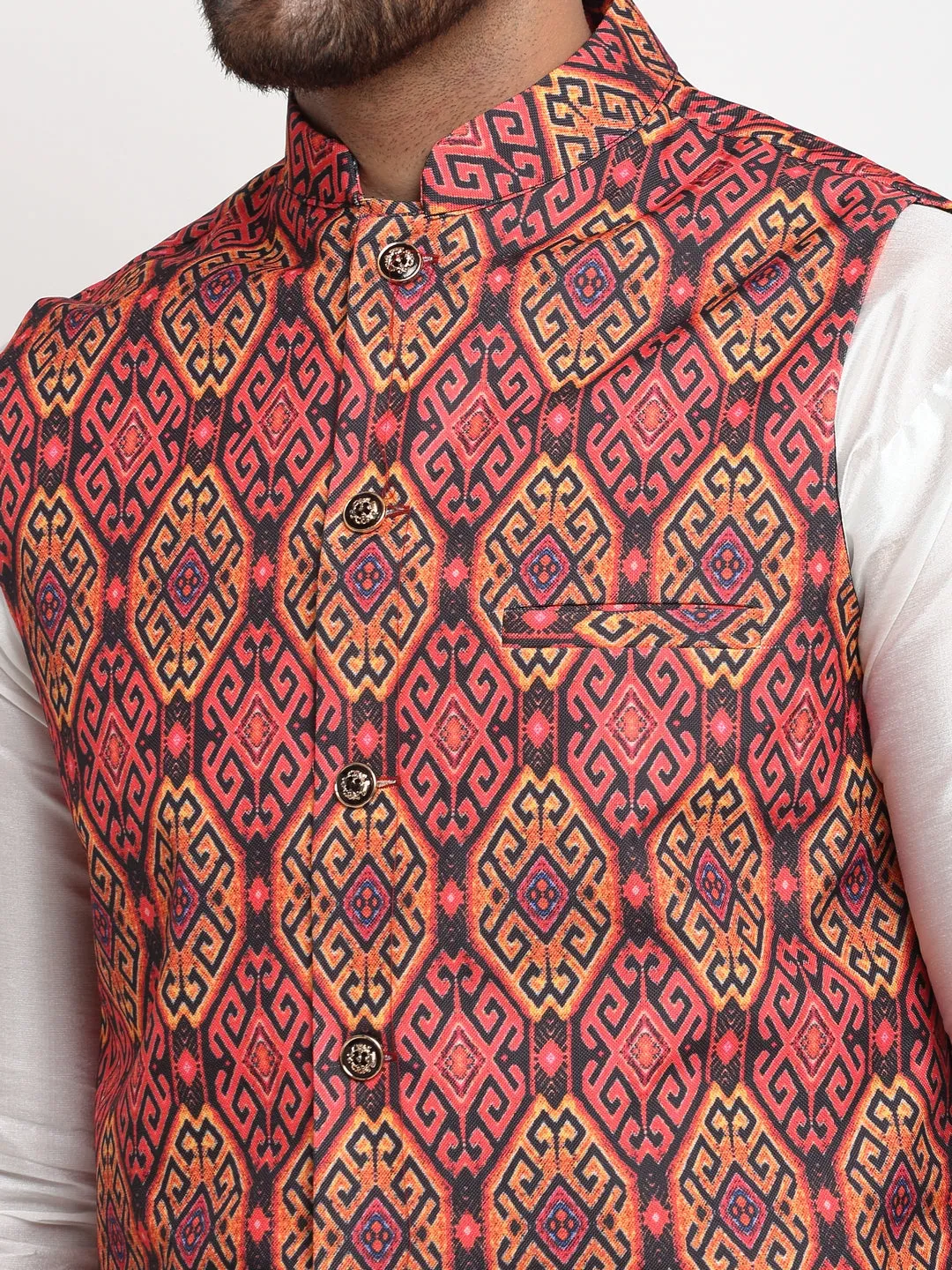 Men's Silk Blend White Kurta With Pyjama & Rust Printed Nehru Jacket - Benstoke