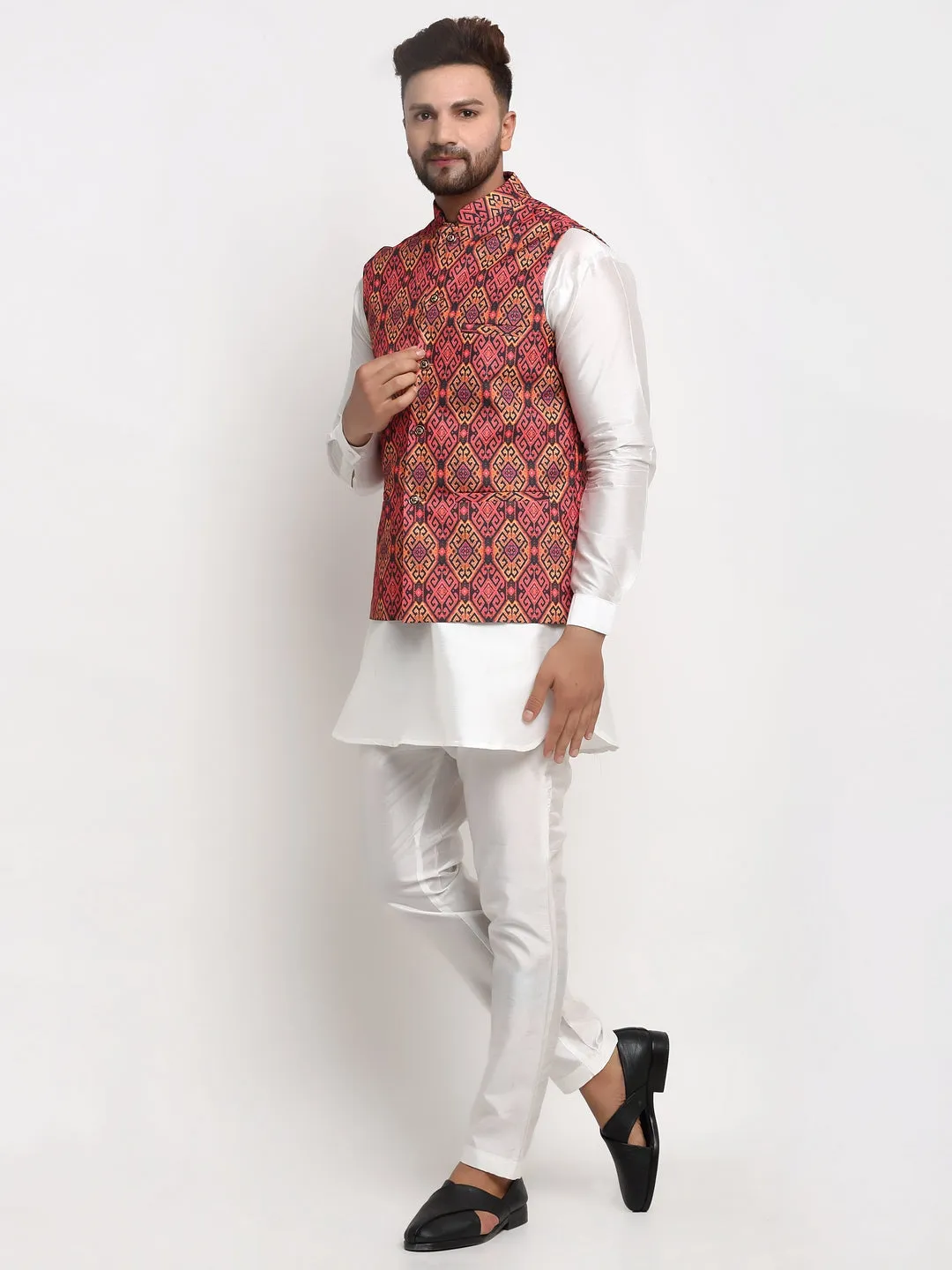 Men's Silk Blend White Kurta With Pyjama & Rust Printed Nehru Jacket - Benstoke