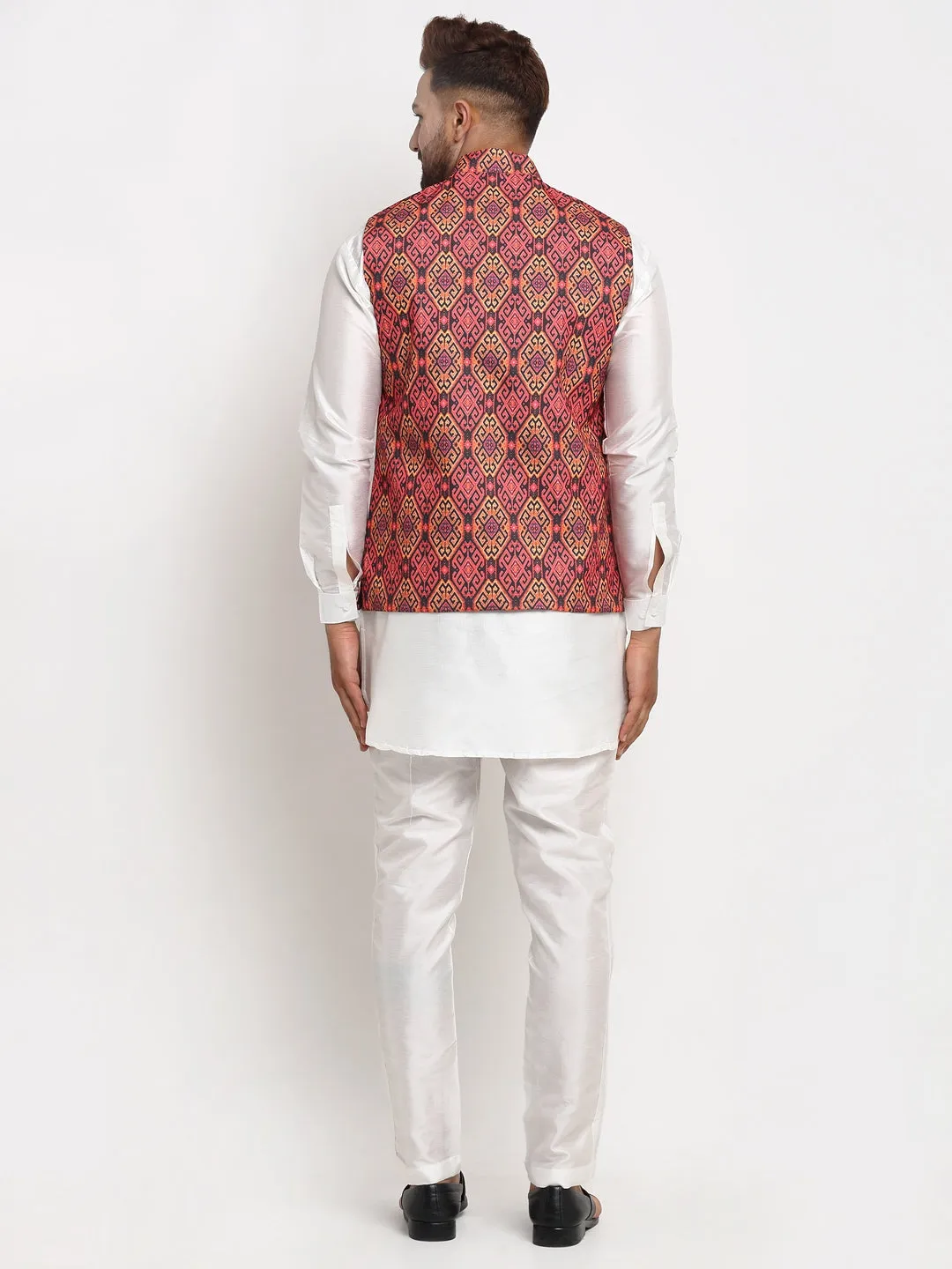 Men's Silk Blend White Kurta With Pyjama & Rust Printed Nehru Jacket - Benstoke