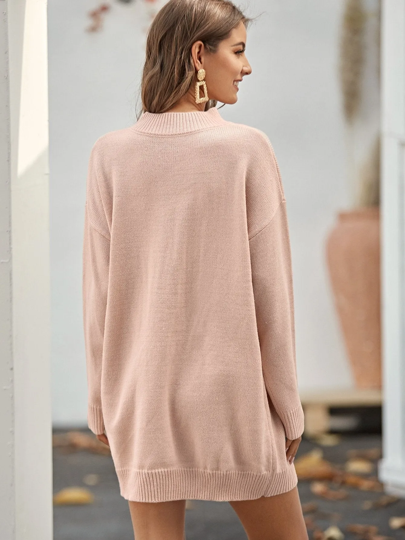 Mock Neck Drop Shoulder Jumper Dress Without Belt