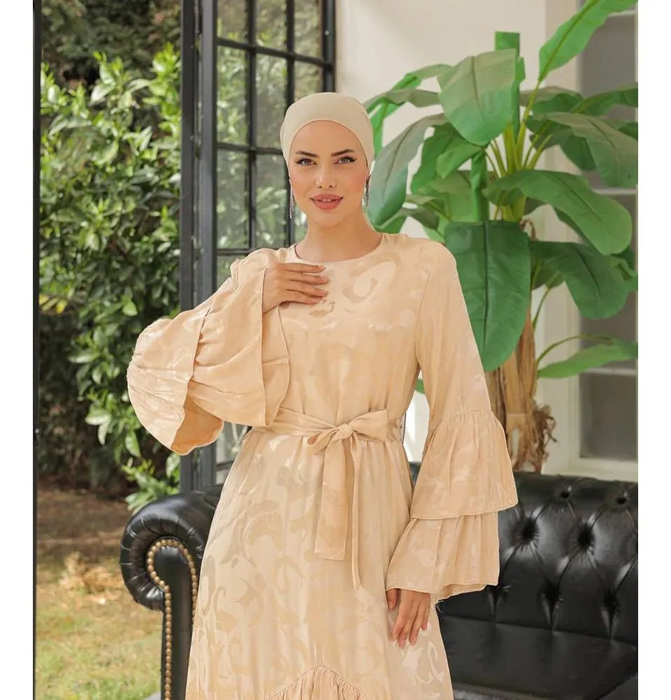Modest Muslim Woman's V Front Tier Layered Dress with Butterfly Sleeves - 2249 Beige