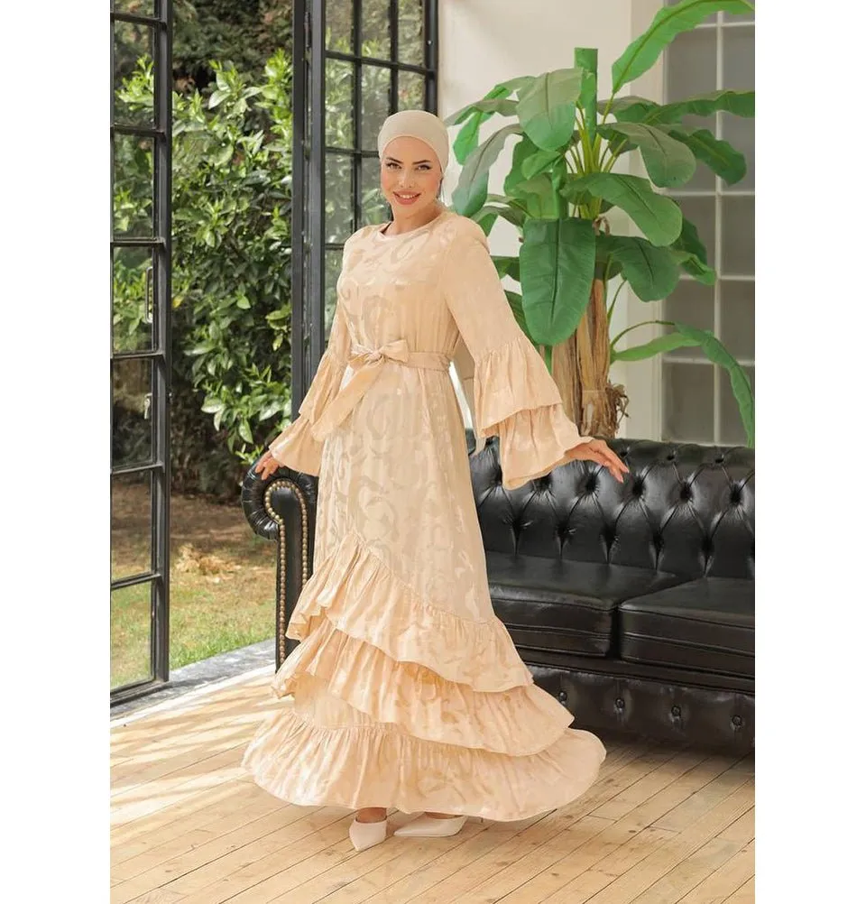 Modest Muslim Woman's V Front Tier Layered Dress with Butterfly Sleeves - 2249 Beige