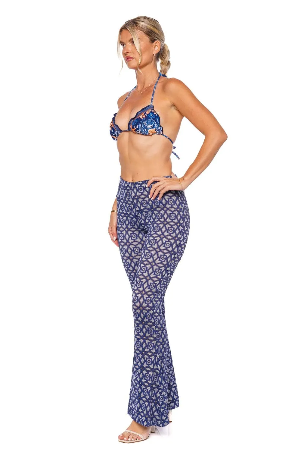 Monike Azure Embroidered Flare Pant
