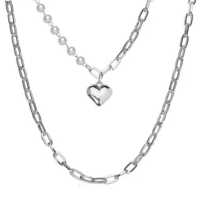 Multi-Layered Collarbone Chain Double- Layer Pearl Love Pendant Necklace Silver