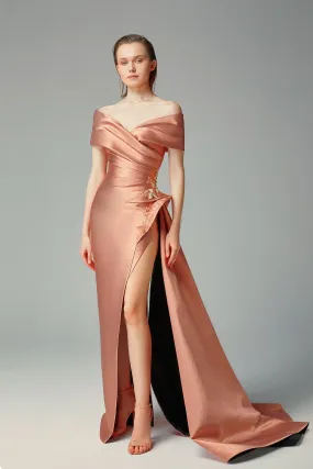 Off-shoulder Draped Tea Rose Cady Evening Dress & Curvilinear Cut-off Sweep Side Cape