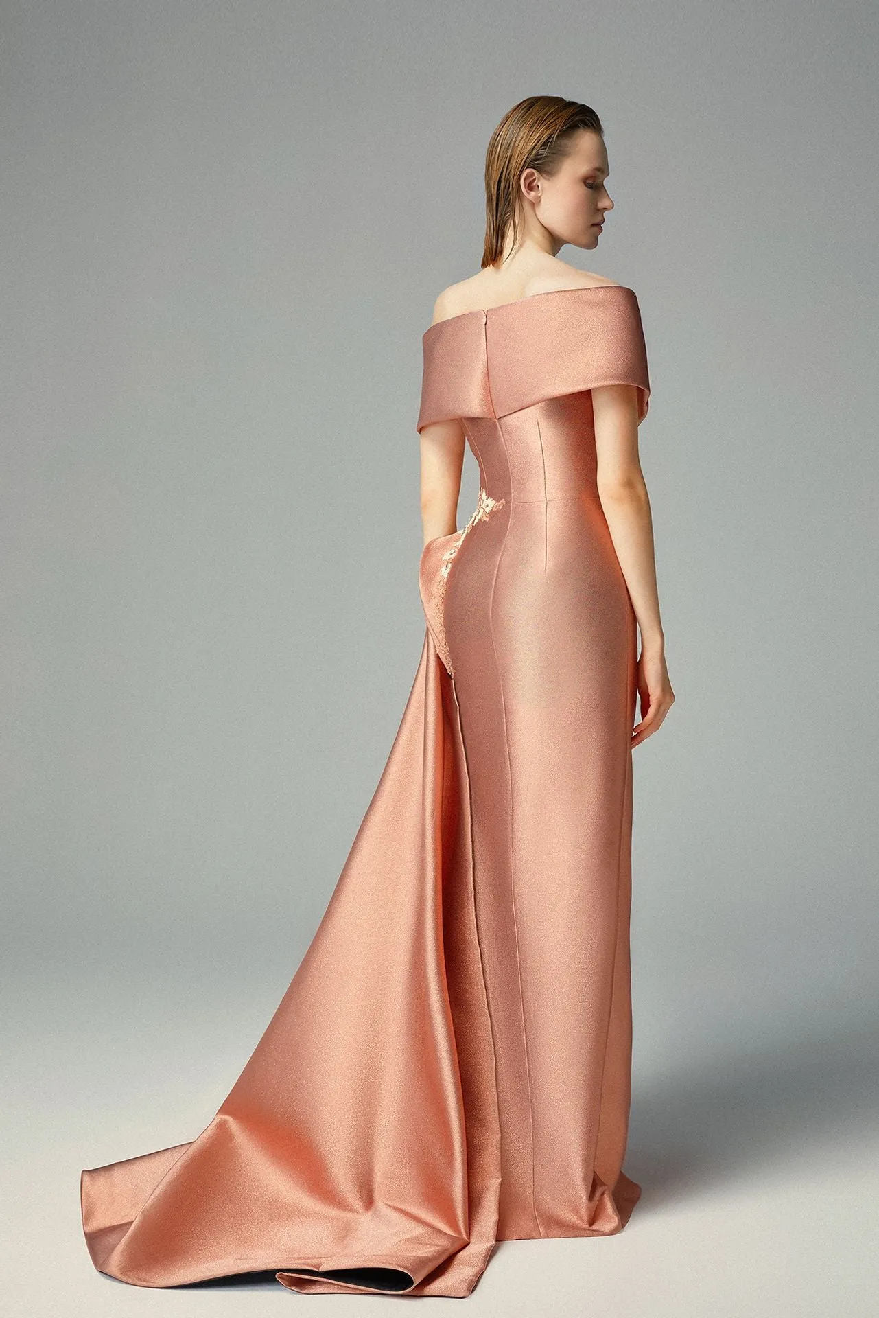 Off-shoulder Draped Tea Rose Cady Evening Dress & Curvilinear Cut-off Sweep Side Cape