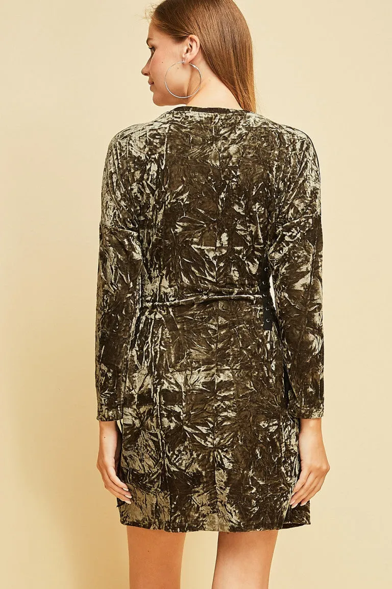 Olive Velvet Bodycon Dress with Self Tie Corset Side Detail