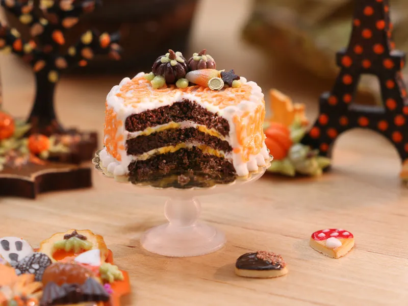 Open Chocolate Cake Decorated with Chocolate Pumpkins Candy Corn - 12th Scale Miniature Food