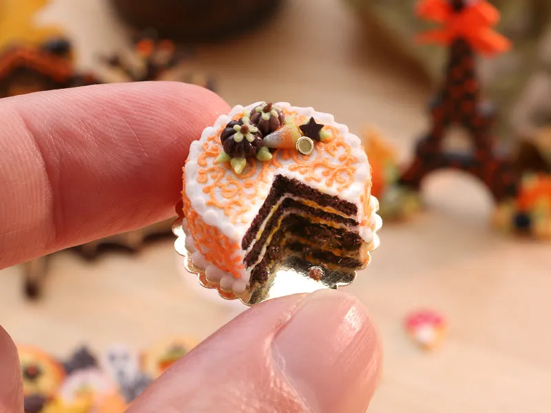 Open Chocolate Cake Decorated with Chocolate Pumpkins Candy Corn - 12th Scale Miniature Food