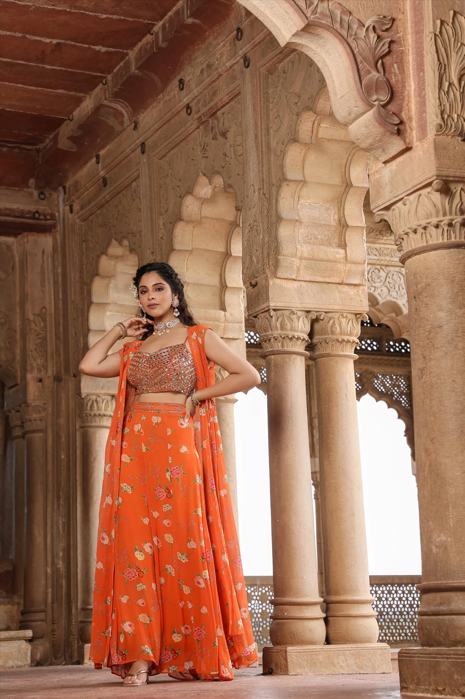 Orange Georgette Floral Palazzo Set With Cape