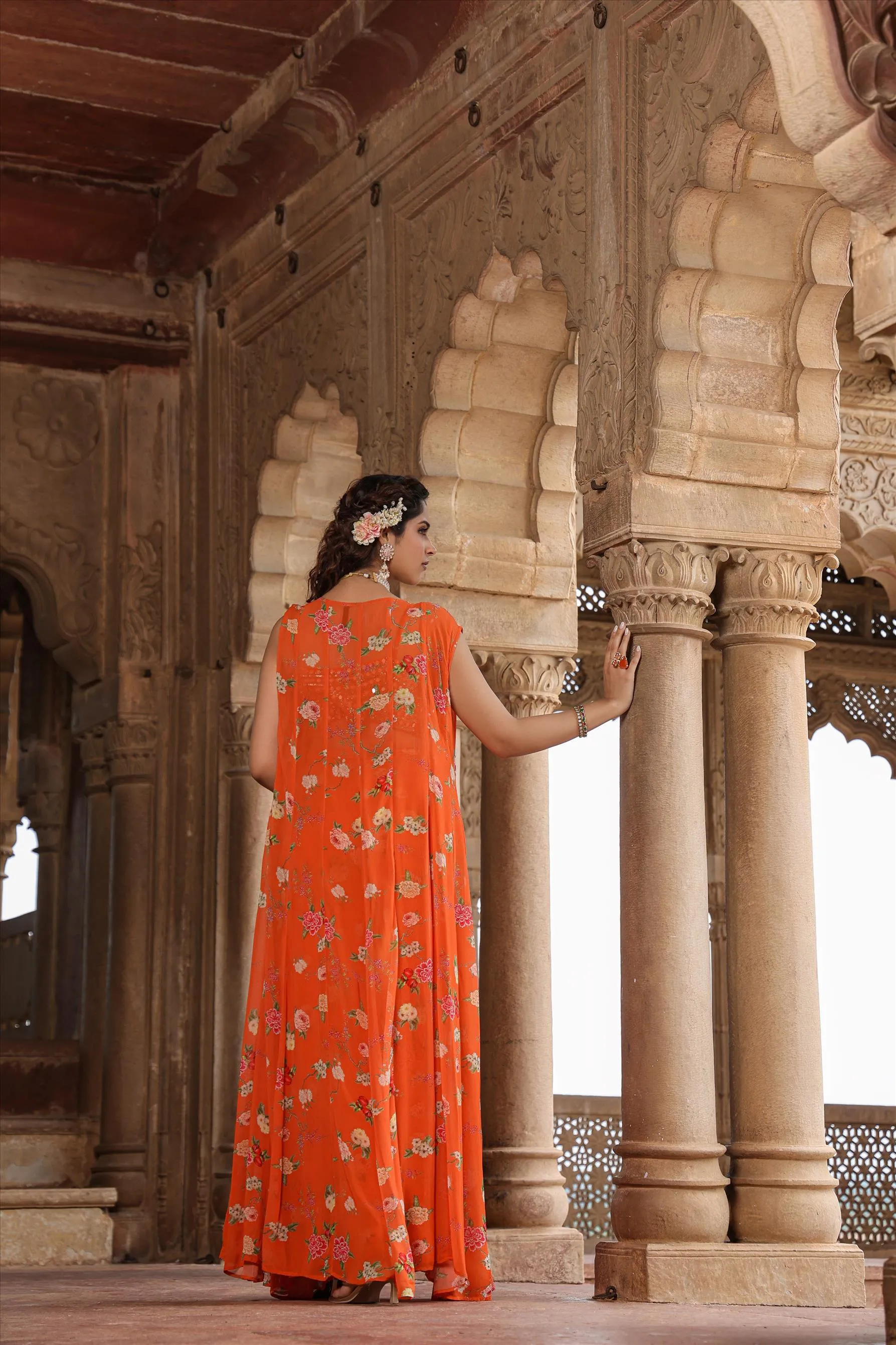 Orange Georgette Floral Palazzo Set With Cape