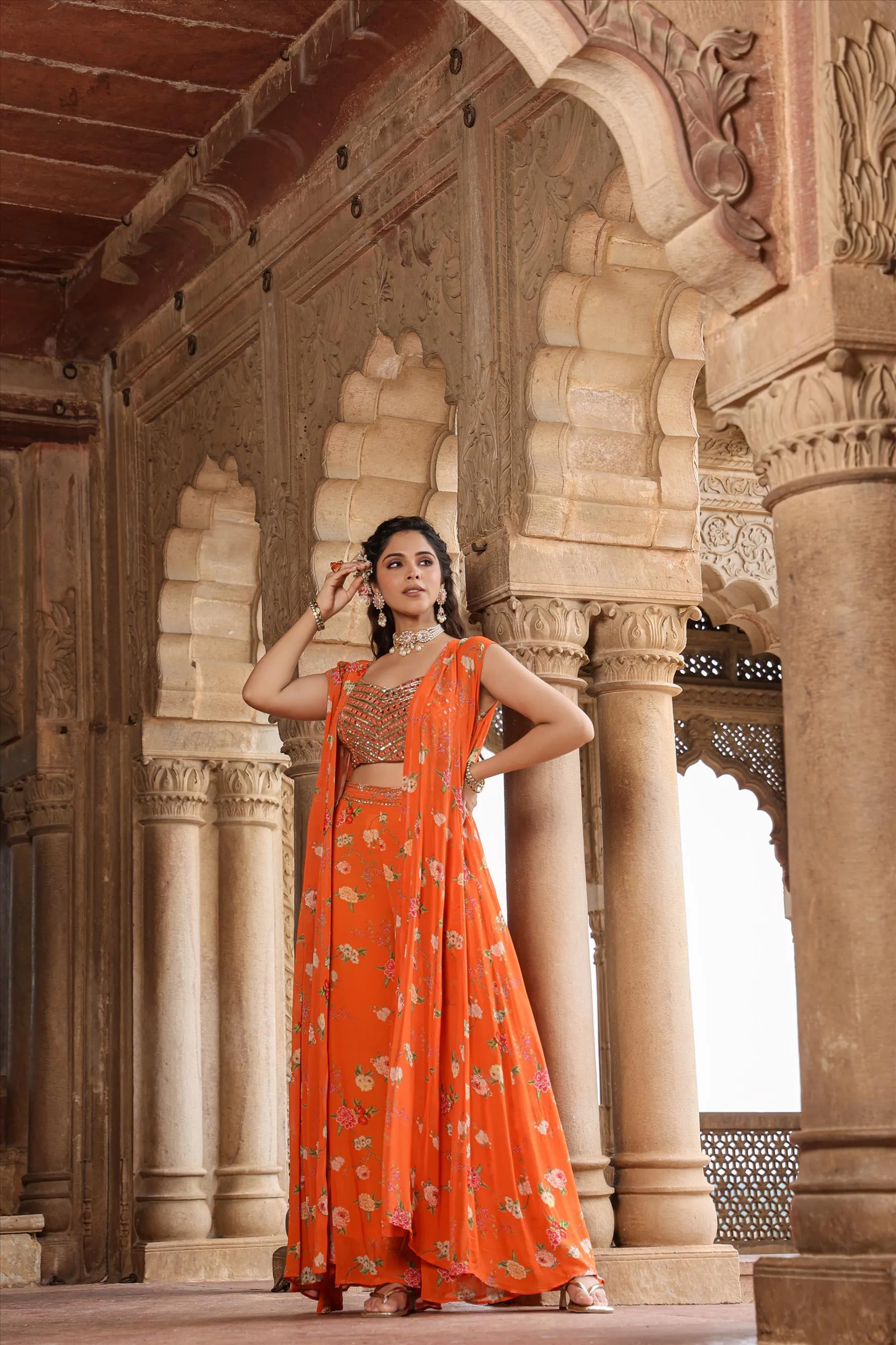 Orange Georgette Floral Palazzo Set With Cape