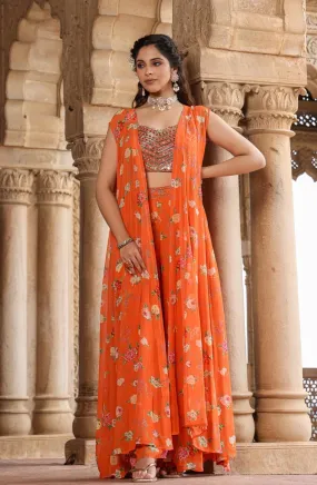 Orange Georgette Floral Palazzo Set With Cape