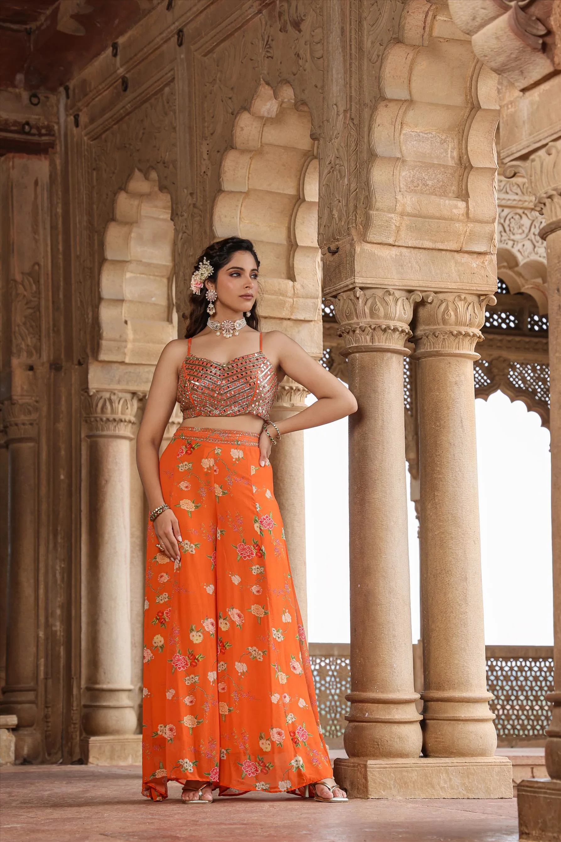 Orange Georgette Floral Palazzo Set With Cape
