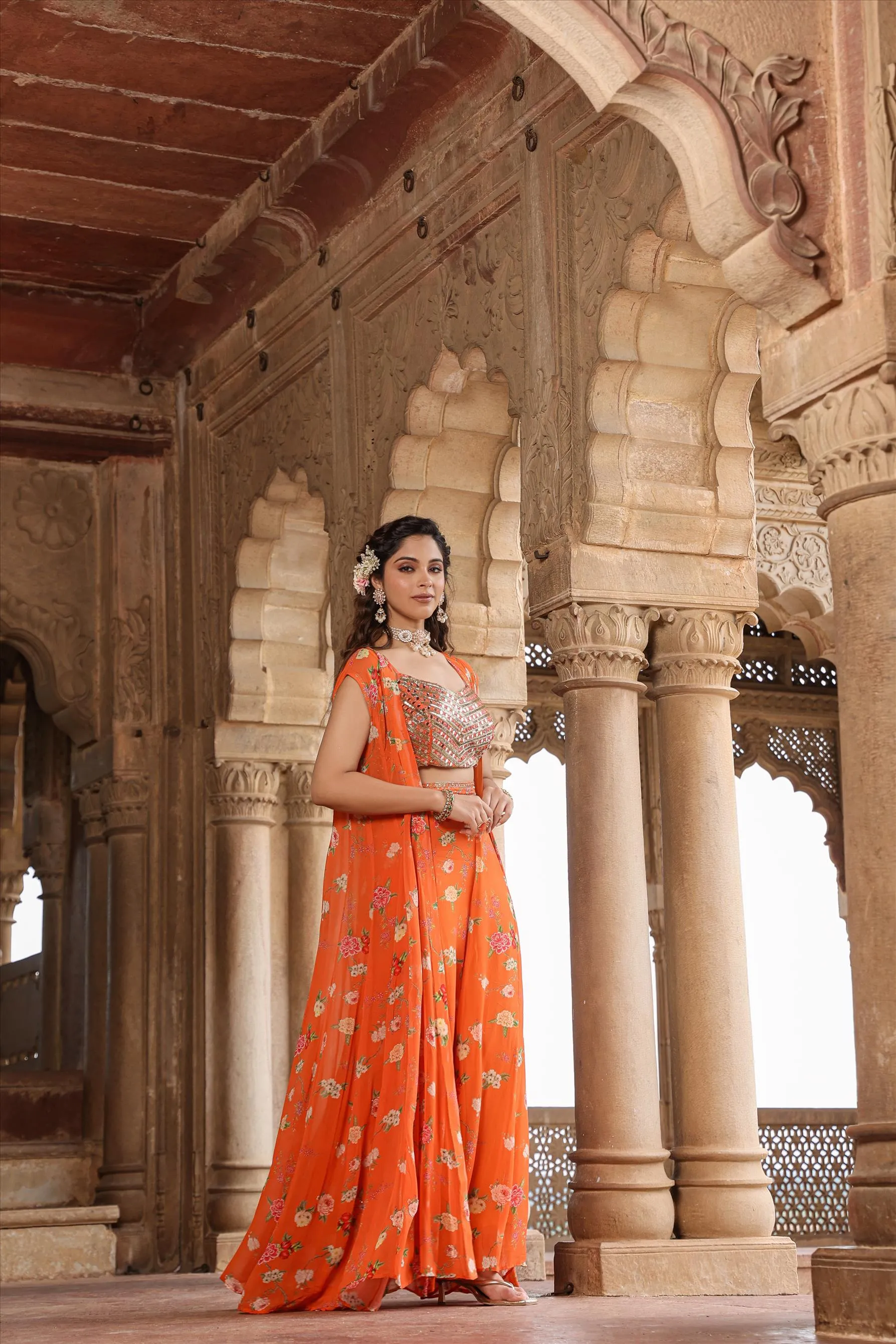 Orange Georgette Floral Palazzo Set With Cape