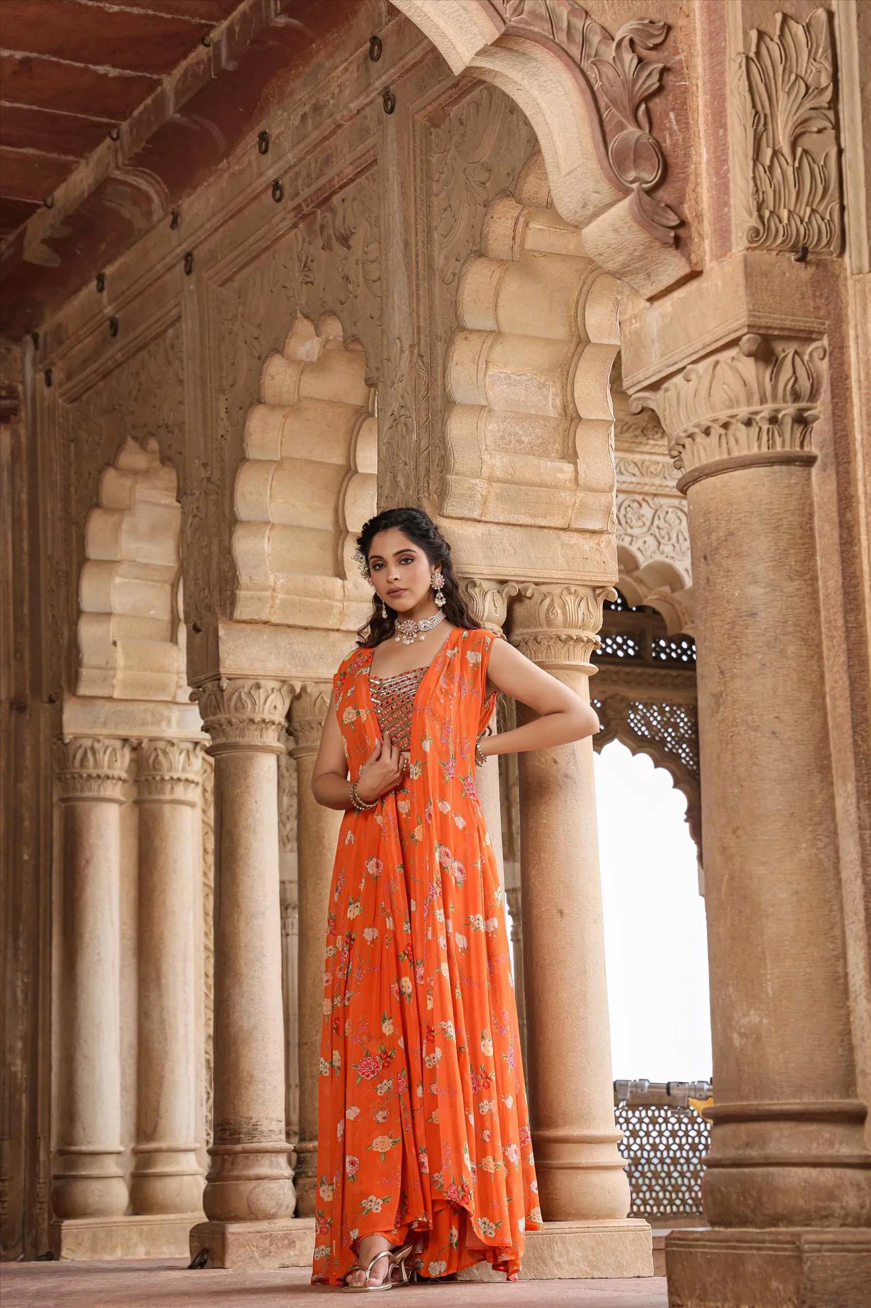 Orange Georgette Floral Palazzo Set With Cape