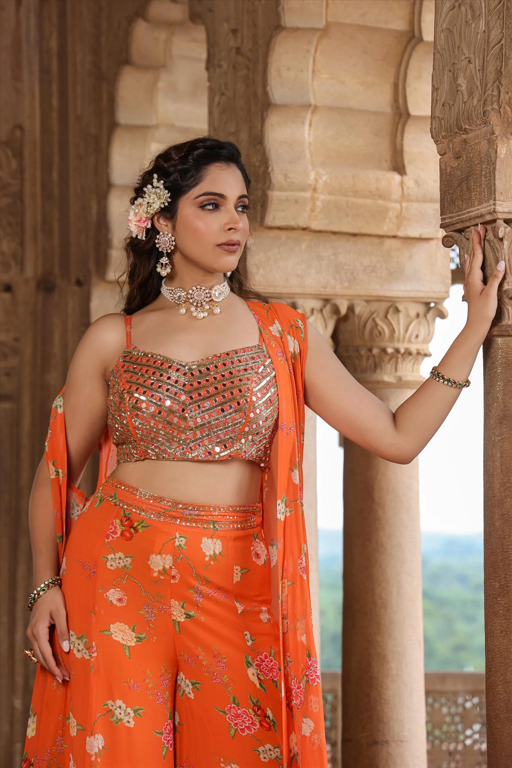 Orange Georgette Floral Palazzo Set With Cape