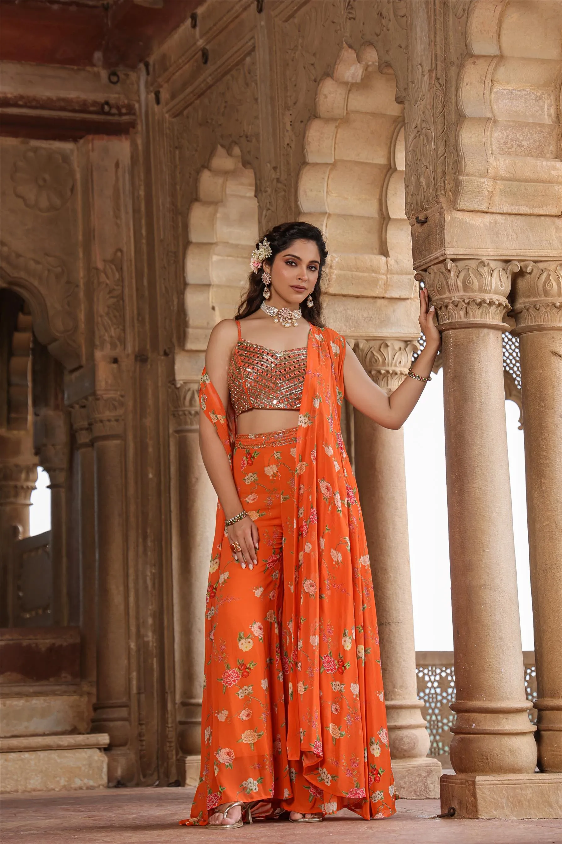 Orange Georgette Floral Palazzo Set With Cape