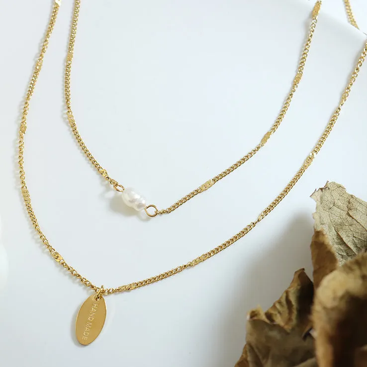 Oval Plate and Pearl Pendant Stacked Two Layered Necklace