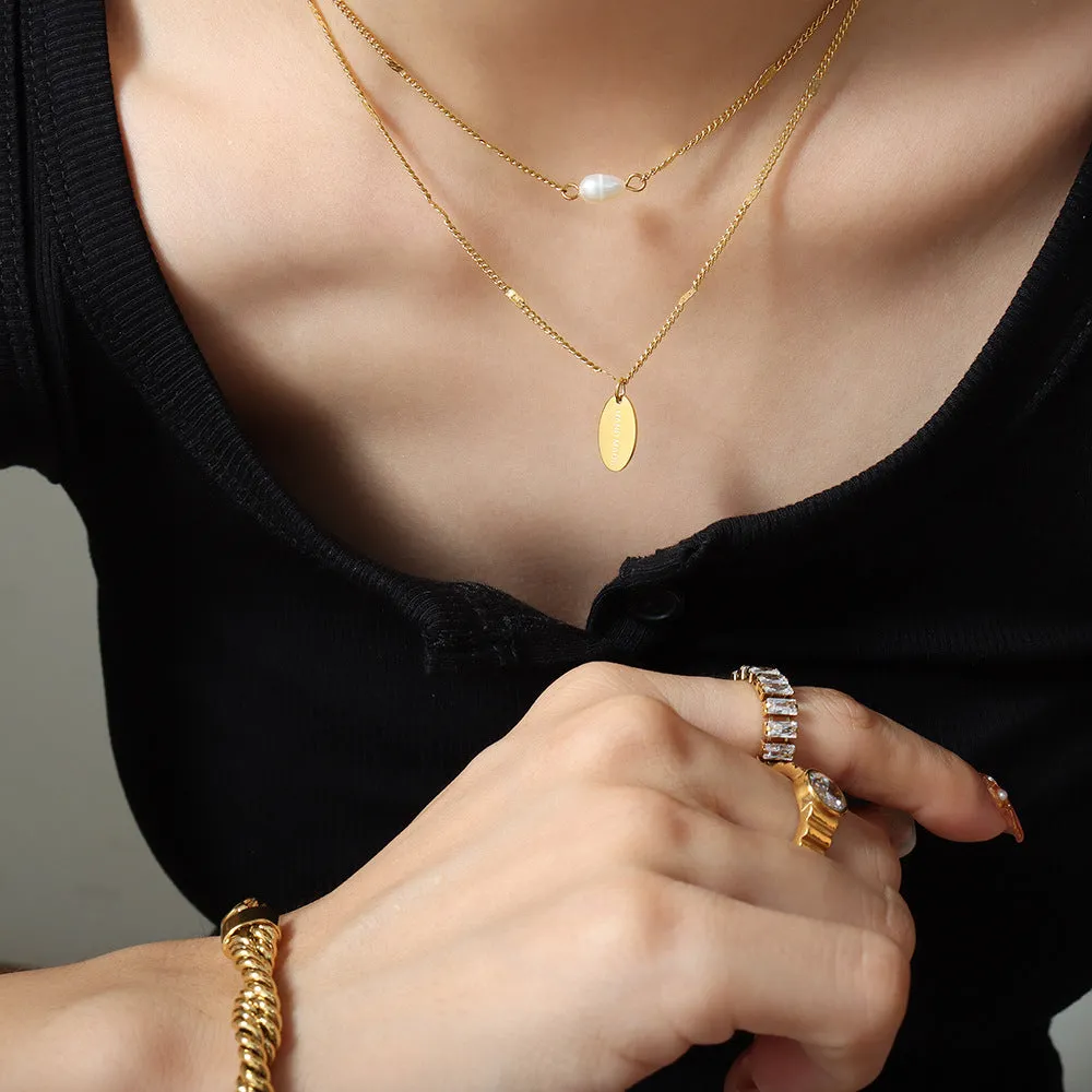 Oval Plate and Pearl Pendant Stacked Two Layered Necklace