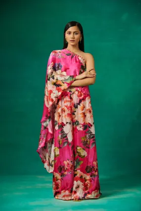 Pink Floral Print High Low Cape with Pants