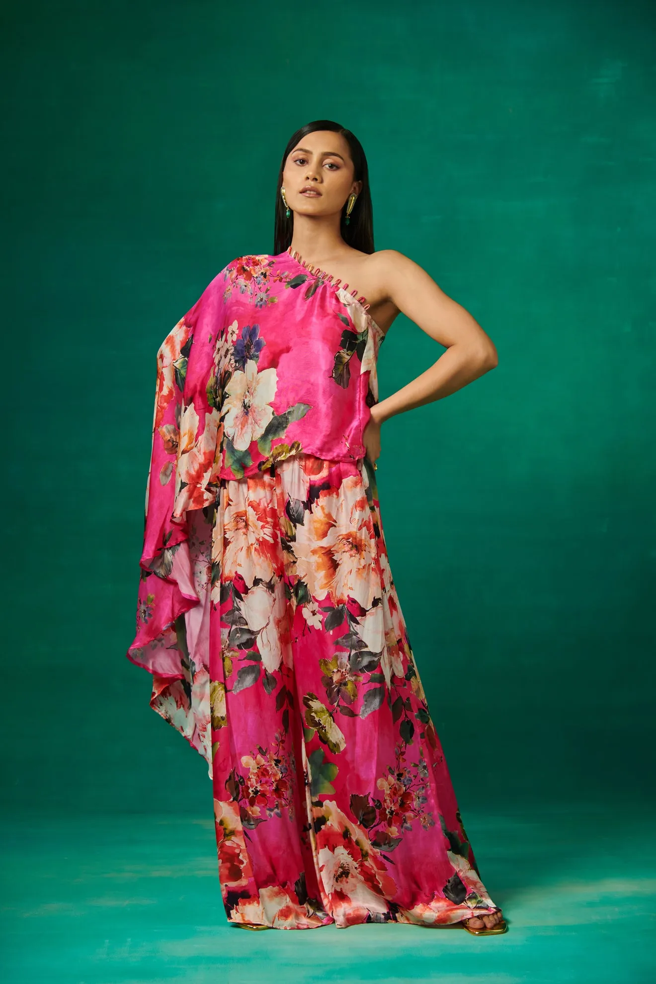Pink Floral Print High Low Cape with Pants