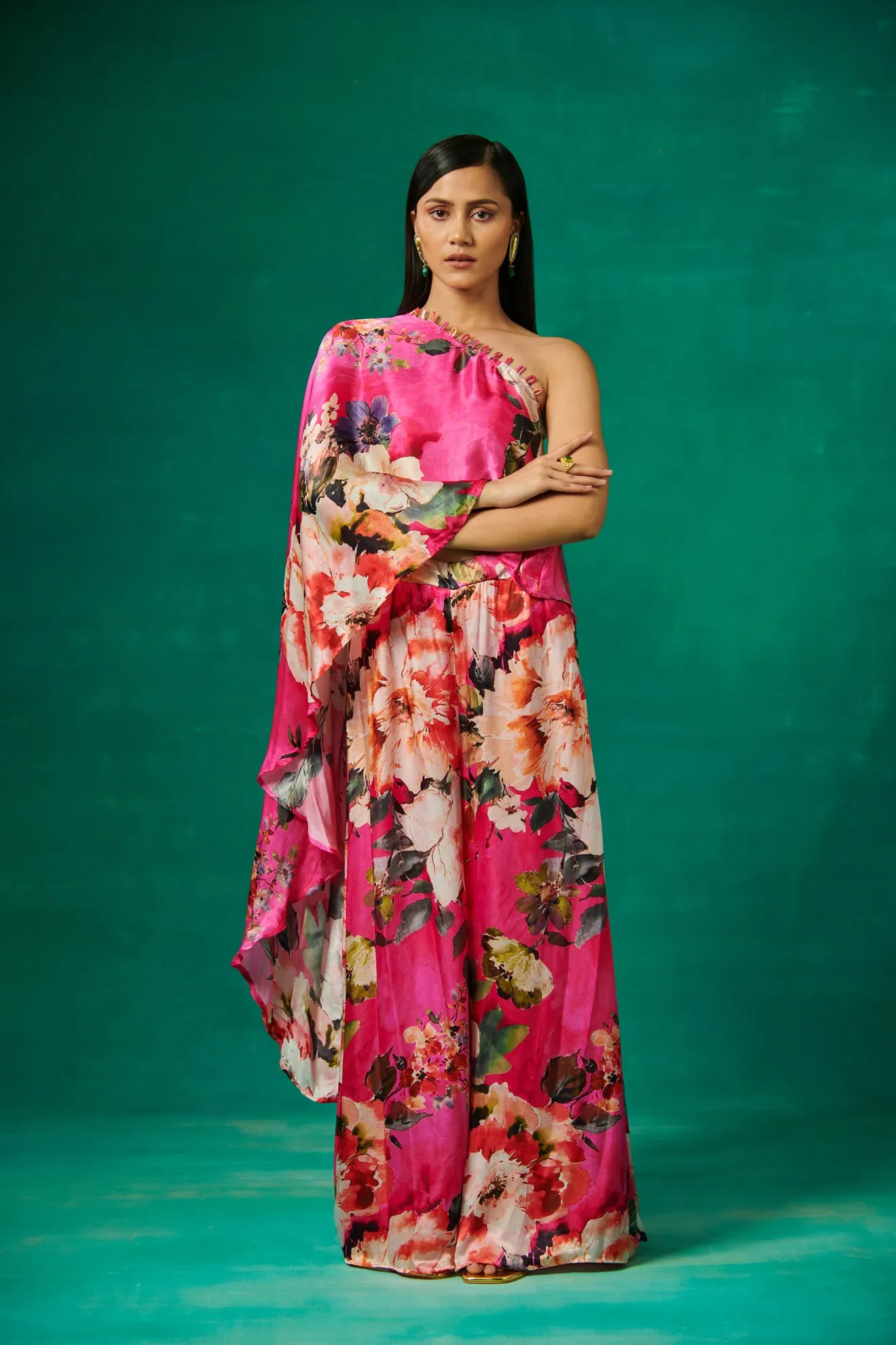 Pink Floral Print High Low Cape with Pants