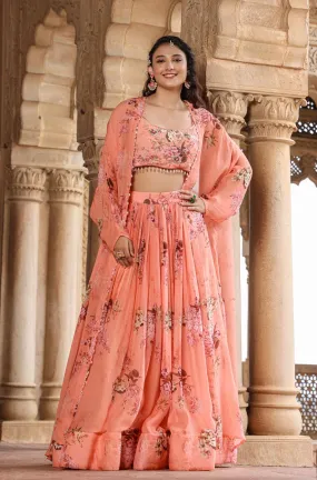 Pink Organza Floral Embellished Lehenga Set With Cape