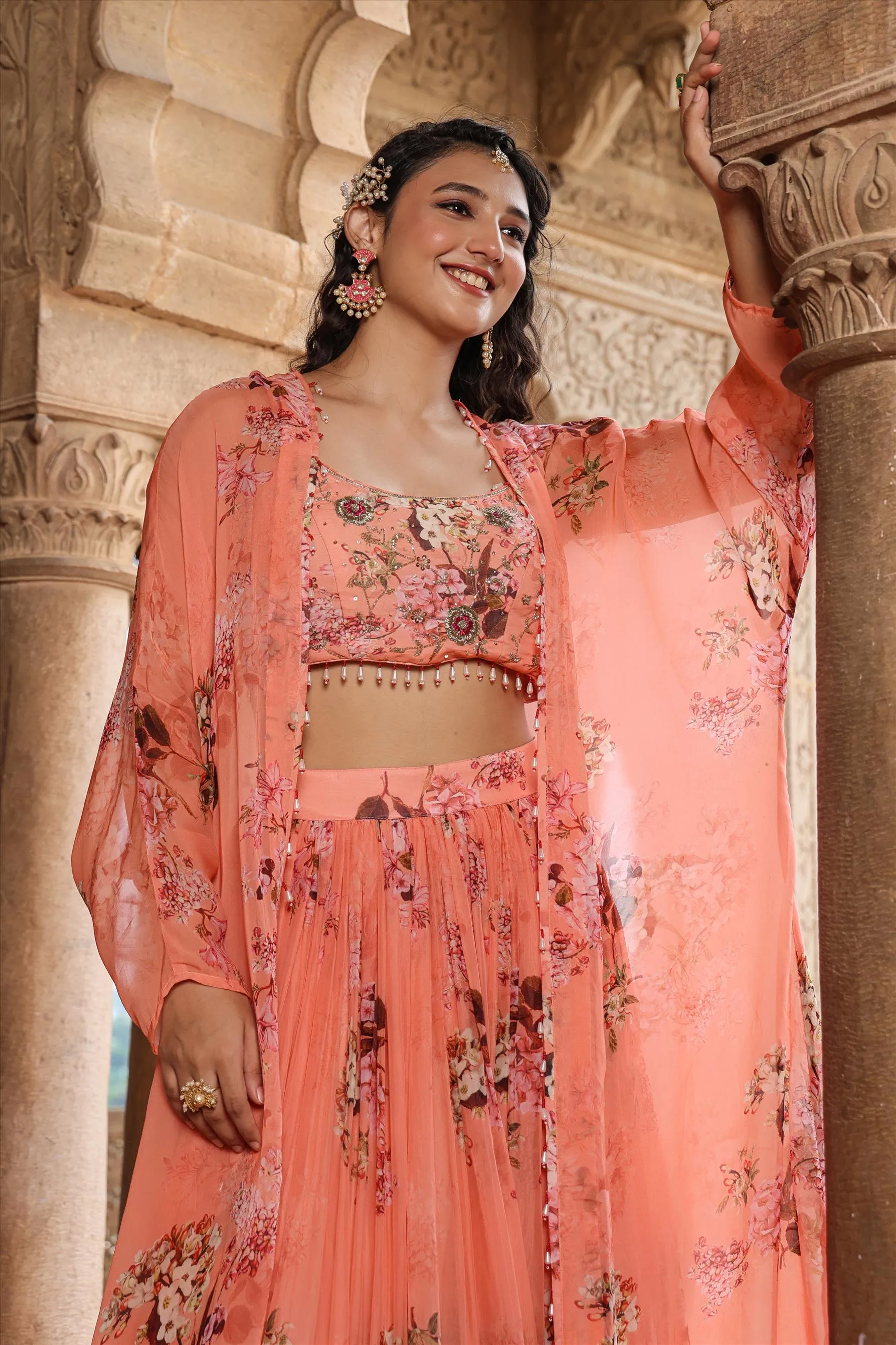 Pink Organza Floral Embellished Lehenga Set With Cape