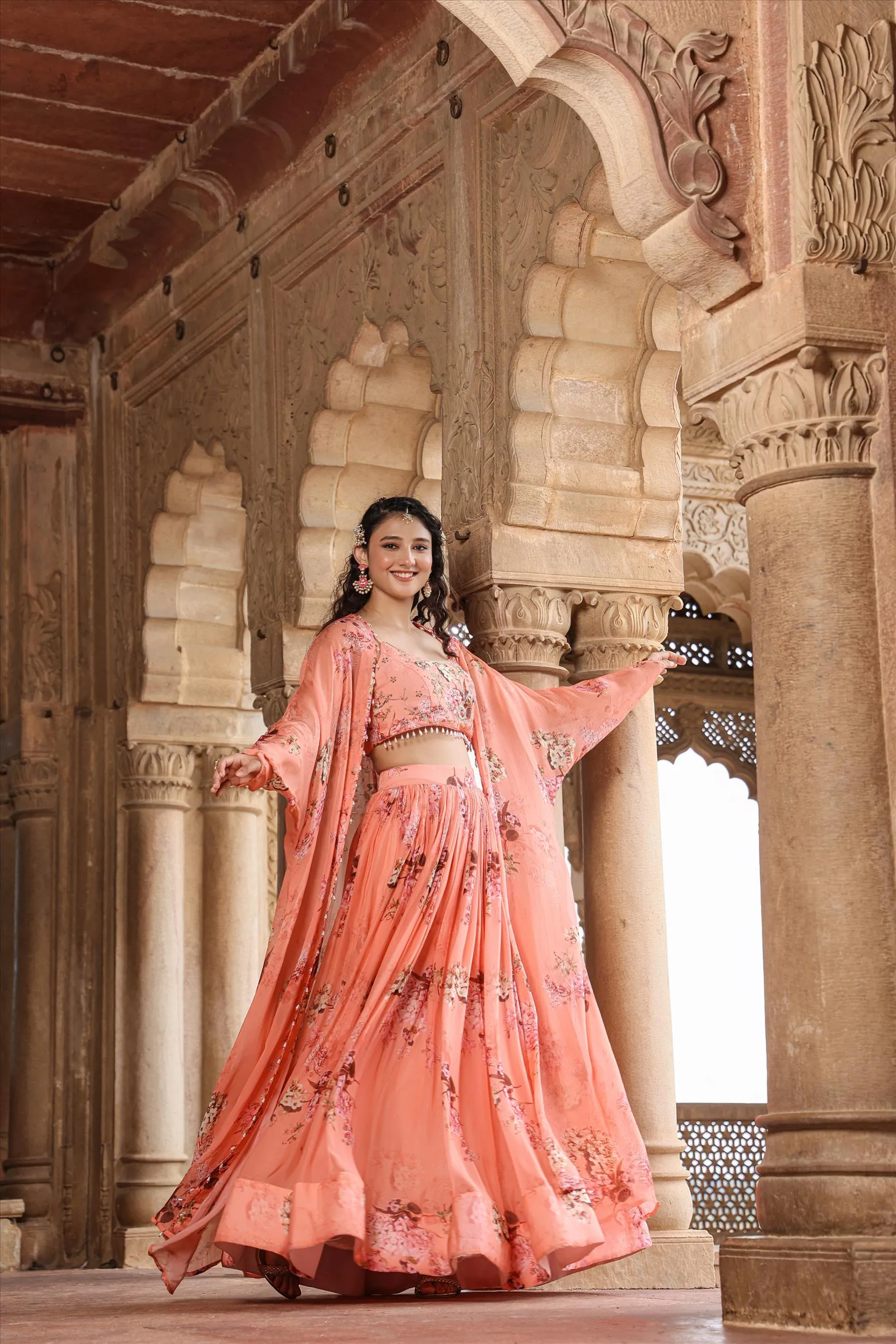 Pink Organza Floral Embellished Lehenga Set With Cape
