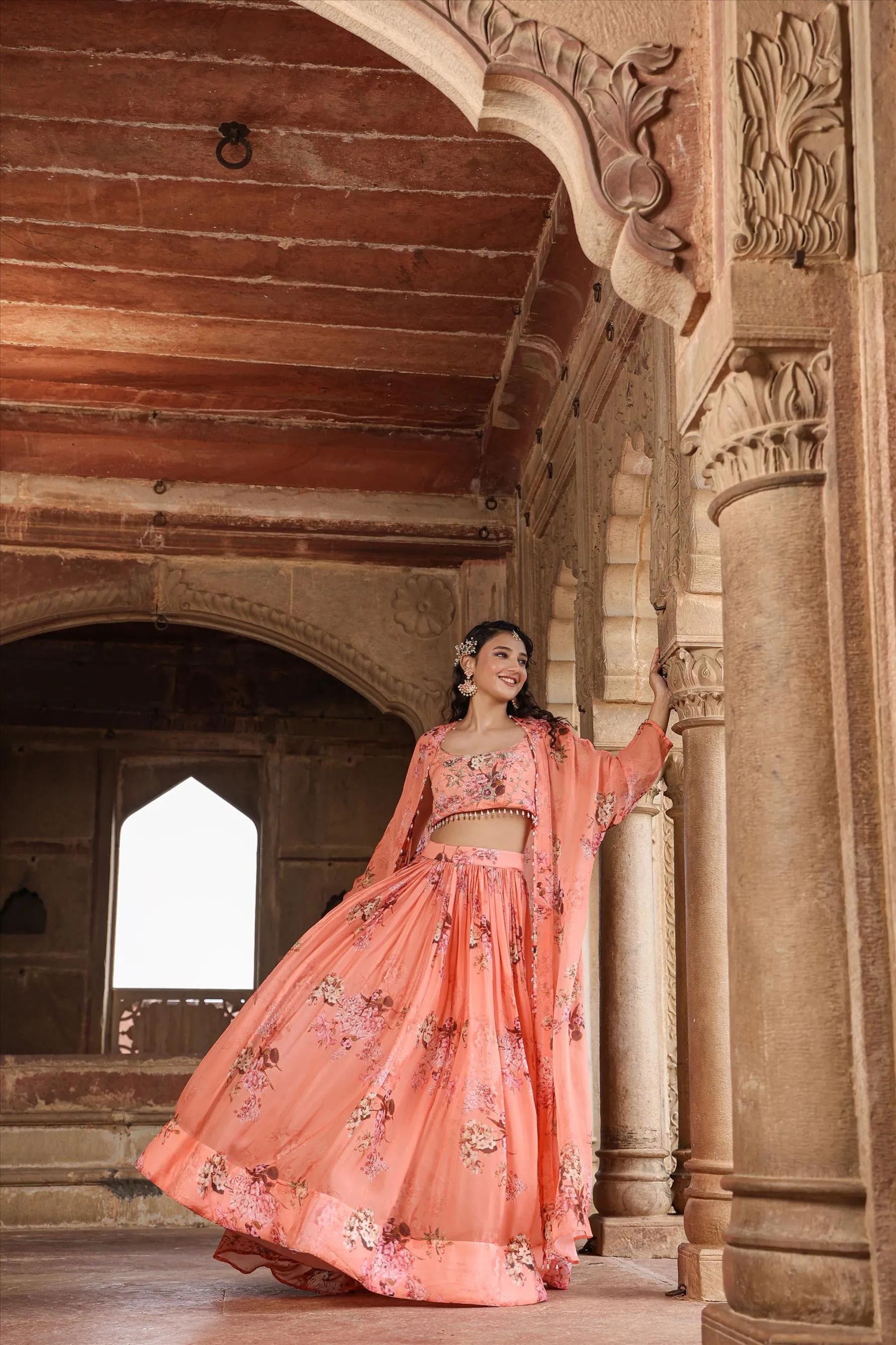 Pink Organza Floral Embellished Lehenga Set With Cape