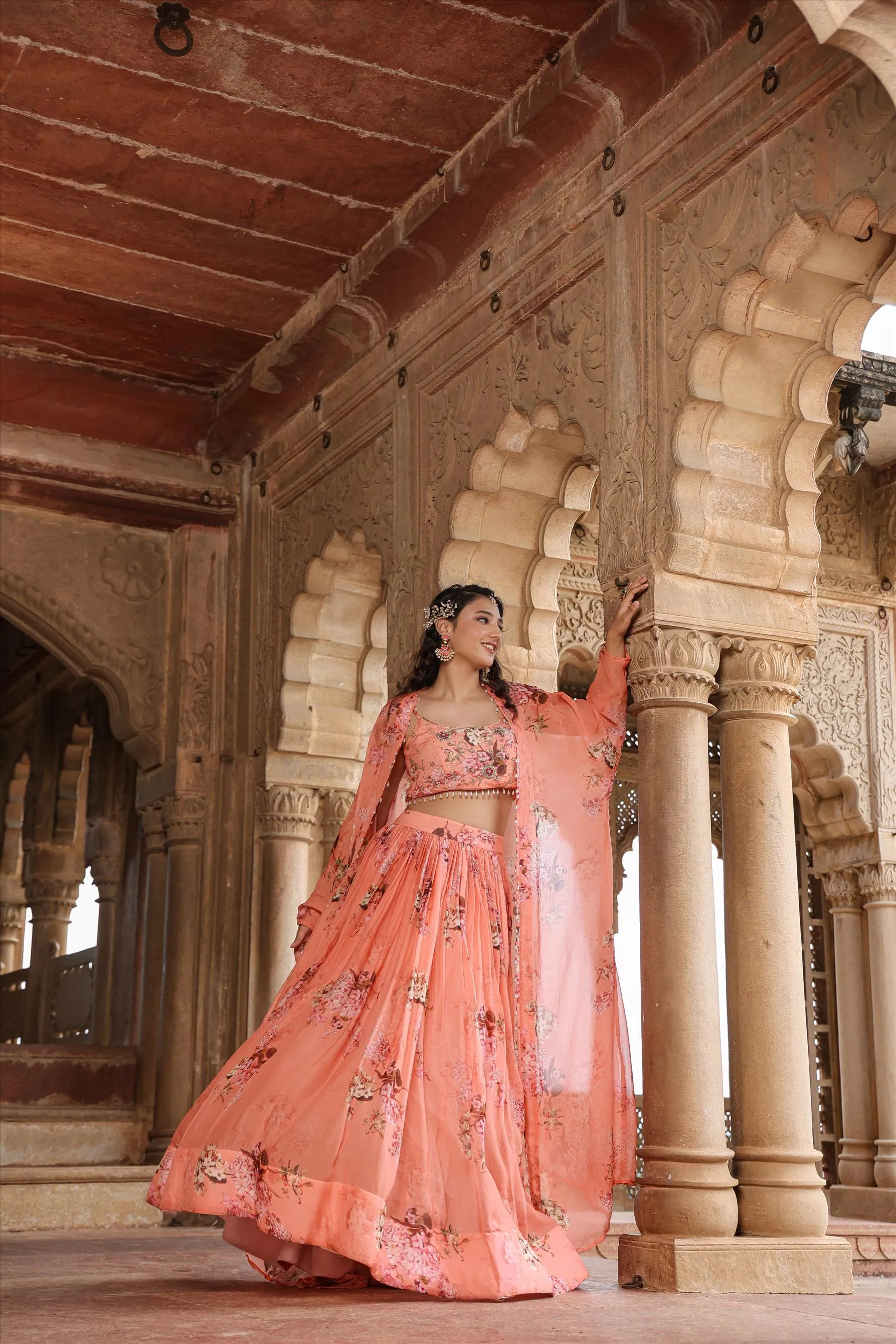 Pink Organza Floral Embellished Lehenga Set With Cape