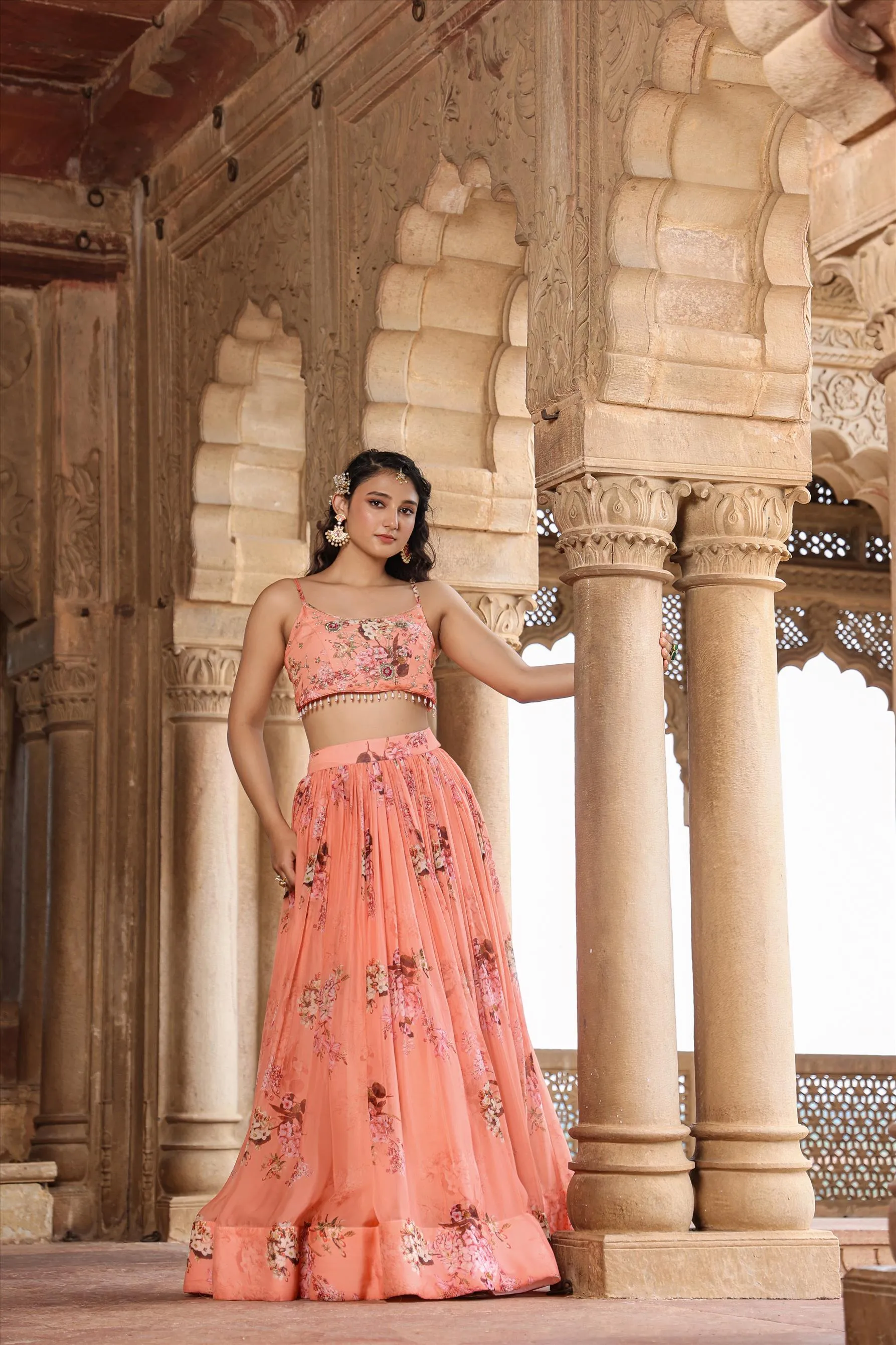 Pink Organza Floral Embellished Lehenga Set With Cape