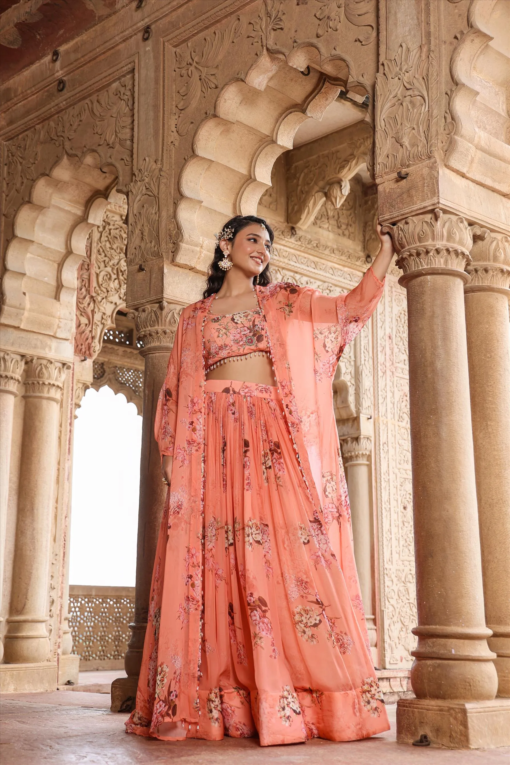 Pink Organza Floral Embellished Lehenga Set With Cape