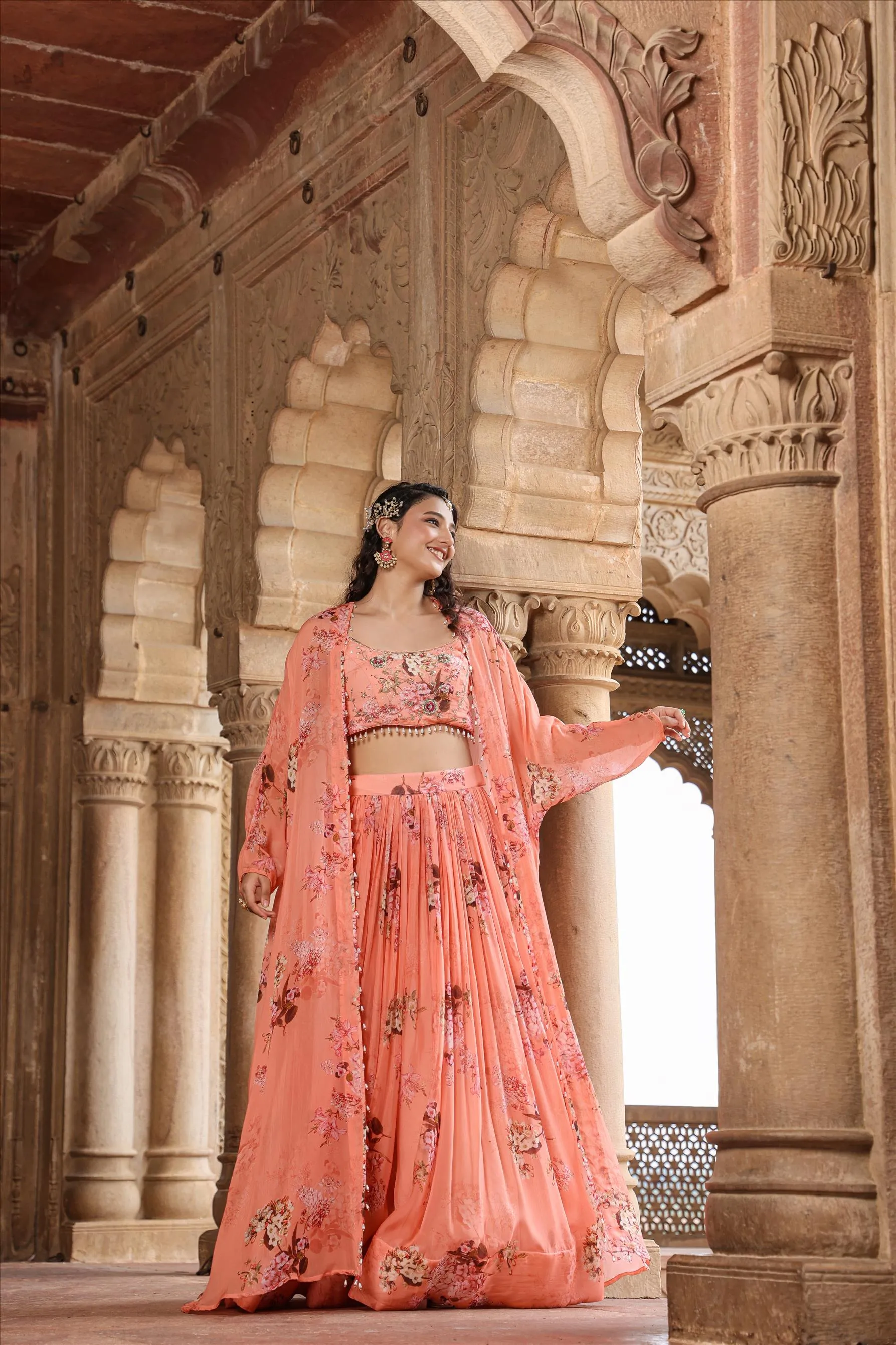 Pink Organza Floral Embellished Lehenga Set With Cape