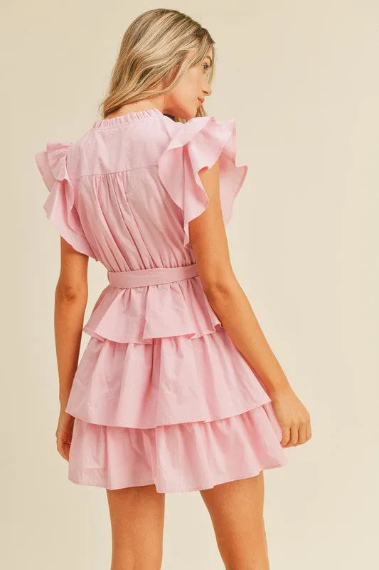Pink Tiered Ruffle V-neck Tie Dress