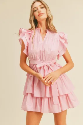 Pink Tiered Ruffle V-neck Tie Dress